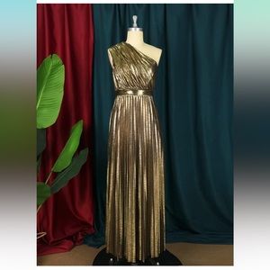 Women's Luxury Metallic One Shoulder Sleeveless Pleated Long Dress size medium